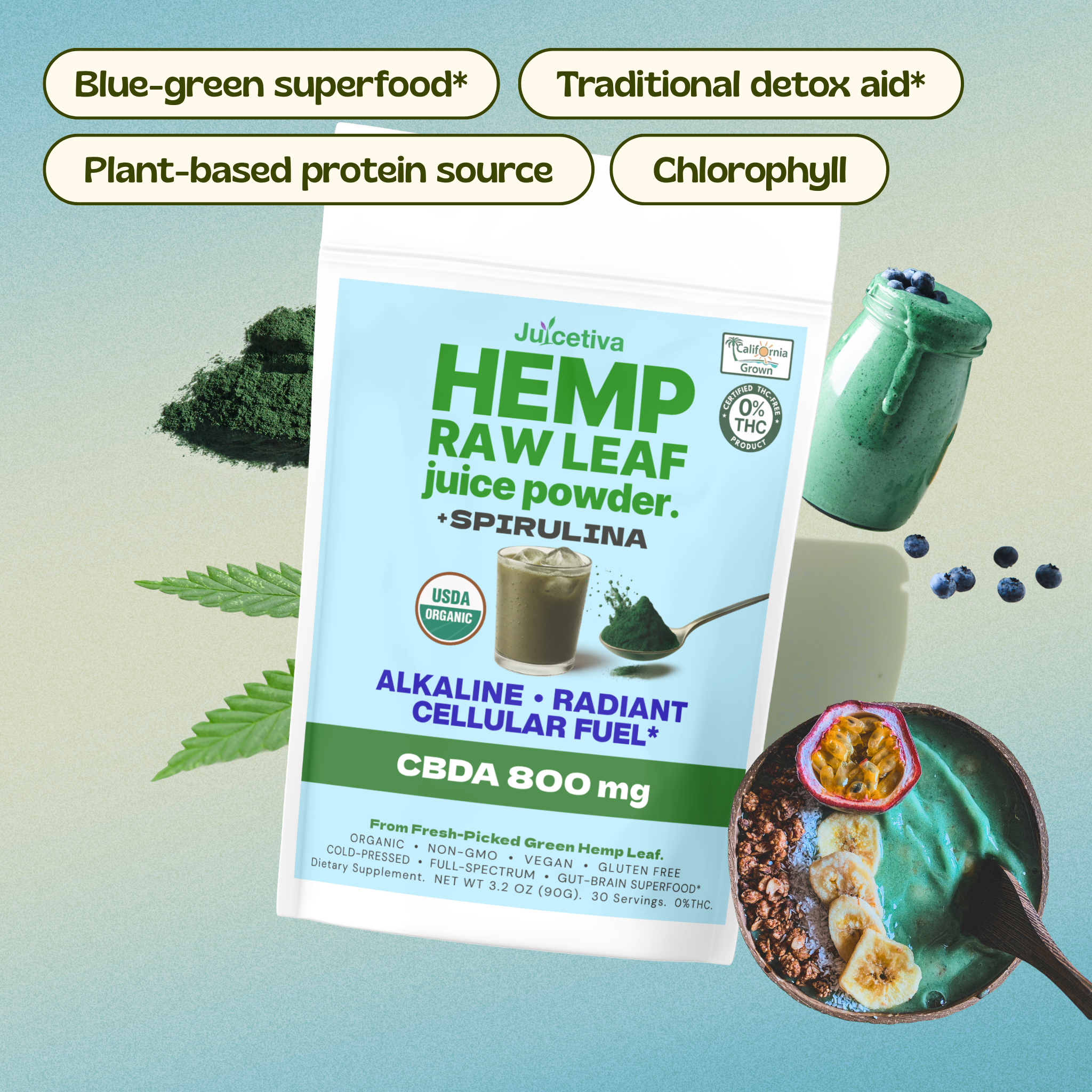 SpiruTiva™ – Hemp Juice + Spirulina Green Blend | 30 Servings