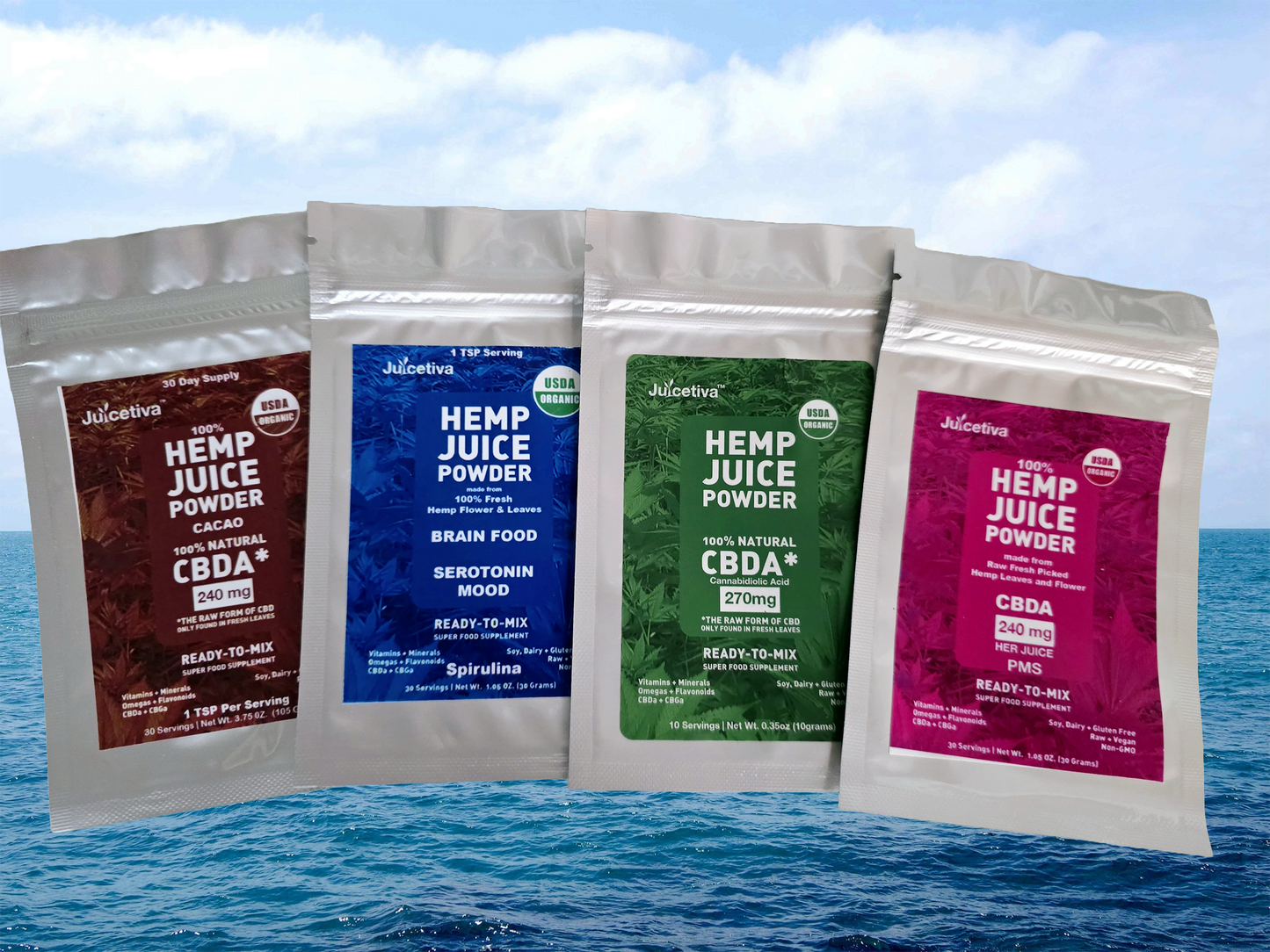 Sample Hemp 4 Pack  Natural, Cacao, Spirulina Maca- 5 day supply