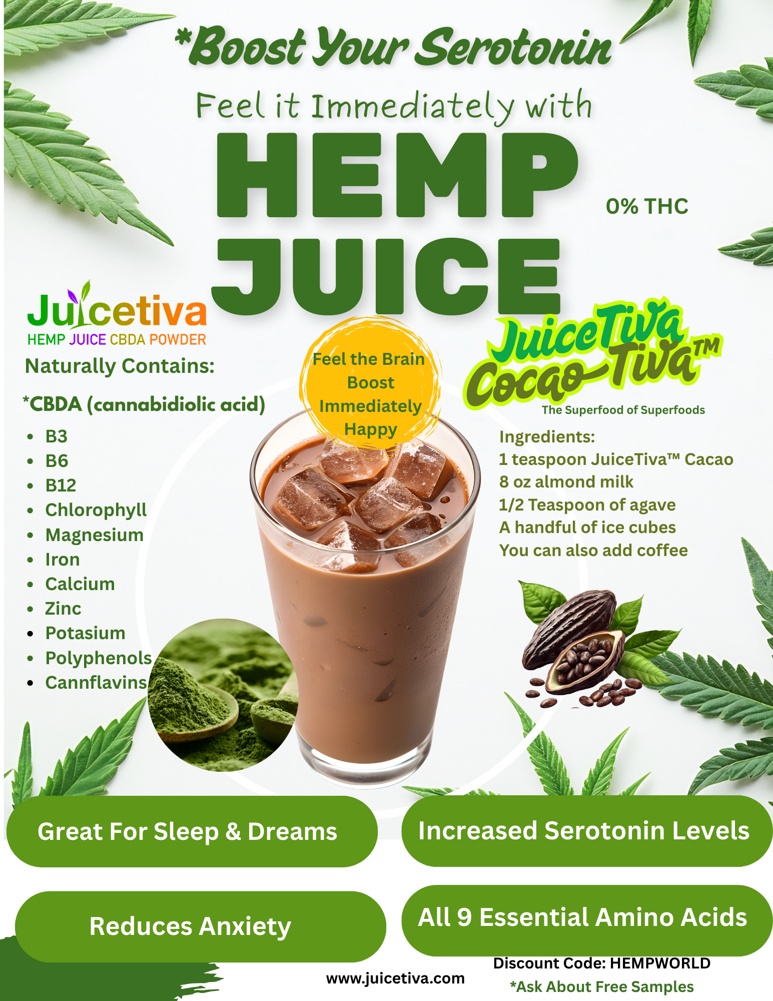 Wholesale Hemp Leaf Juice mixed with CACAO Powder 12 /30 day Bags