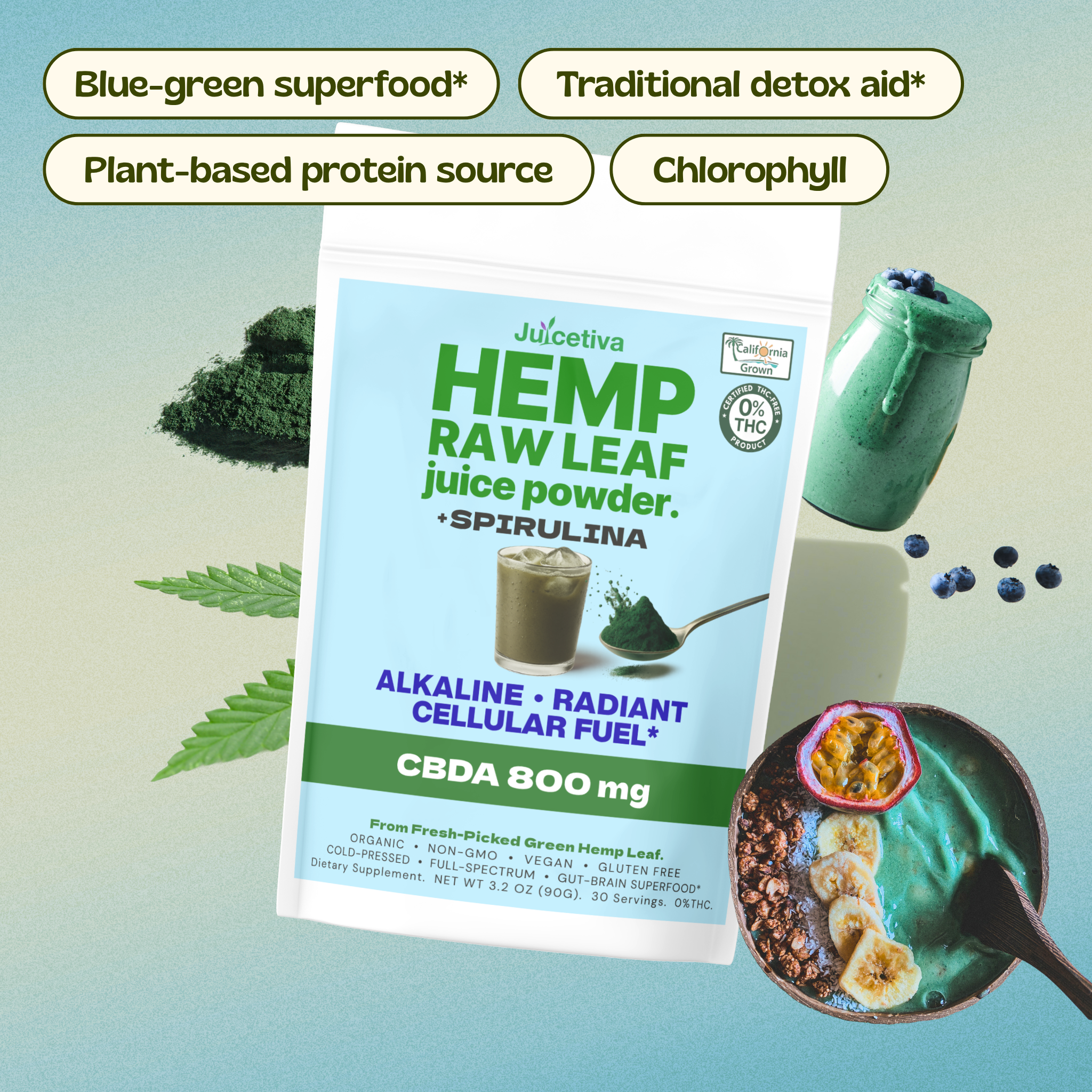 JuiceTiva SpiruTiva – Hemp Juice + Spirulina Green Blend | 30 Servings