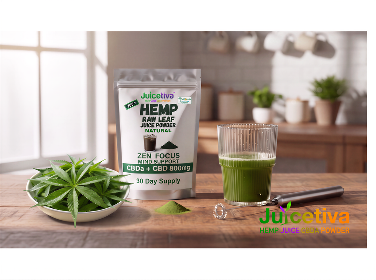 A hand holding a glass of bright green hemp leaf juice