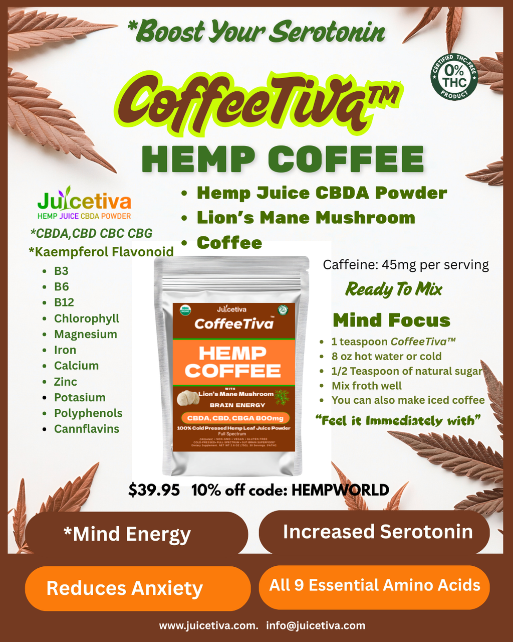 JuiceTiva – CoffeeTiva- Hemp Juice + Lions Mane + Coffee | 30 Servings