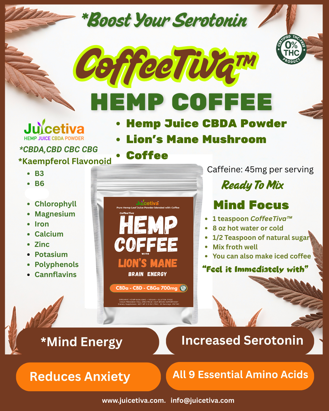 JuiceTiva – CoffeeTiva- Hemp Juice + Lions Mane + Coffee | 30 Servings