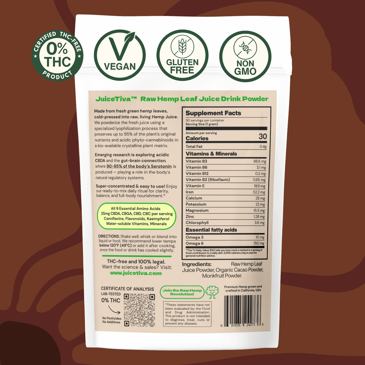 Juicetiva — Energy Brain- Hemp Juice + Raw Cacao Blend, 30 Day