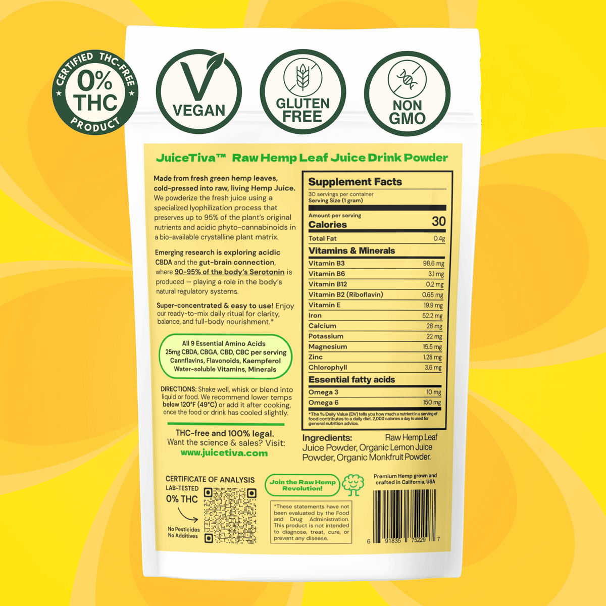 Hydration -Juicetiva LemonTiva™ — Hemp Leaf Juice + Raw Lemon Powder, 30 Day